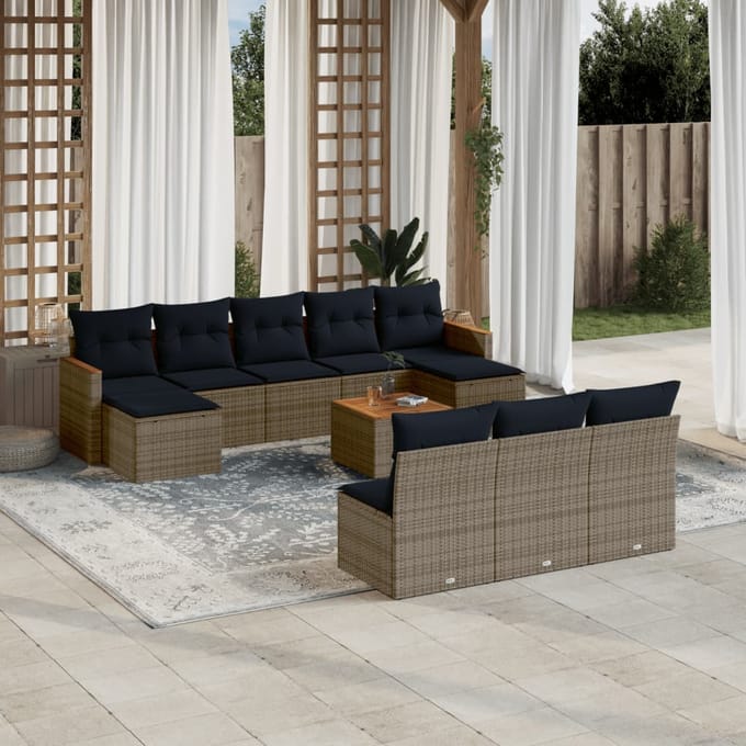 vidaXL - 11-delige - tuinbankset - met - kussens, - grijs - polyrotan