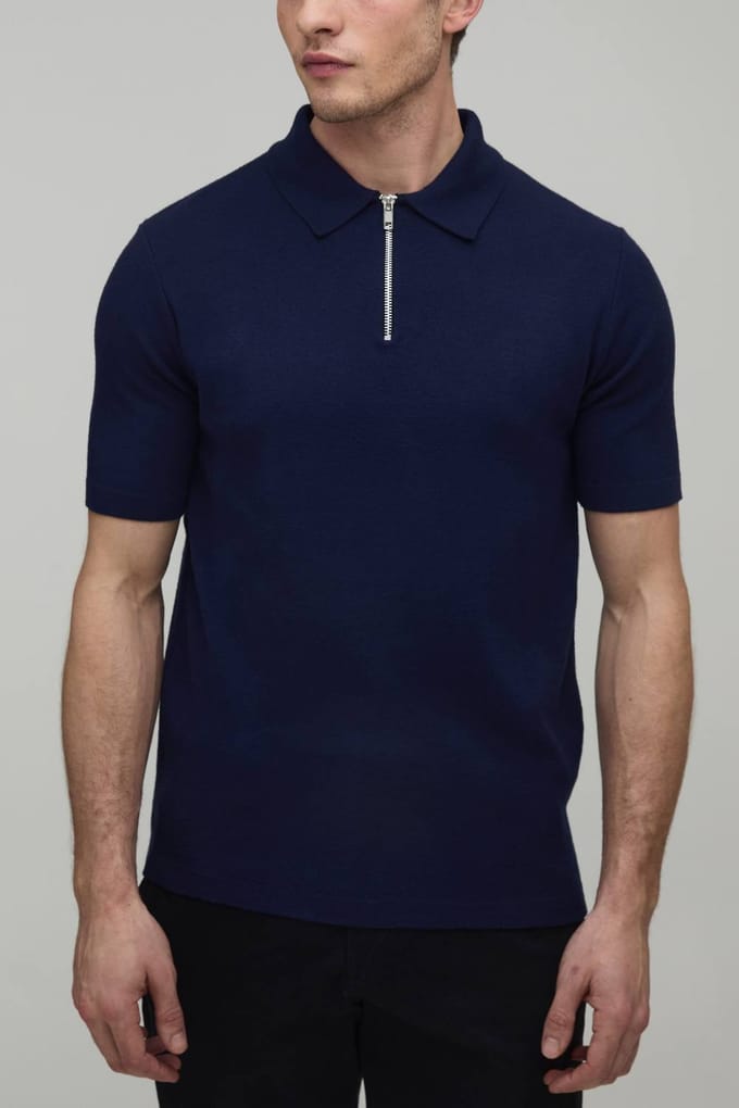 Essential Muscle Fit Soft Touch 1/4 Zip Knitted Polo T-Shirt | Navy | Size Medium