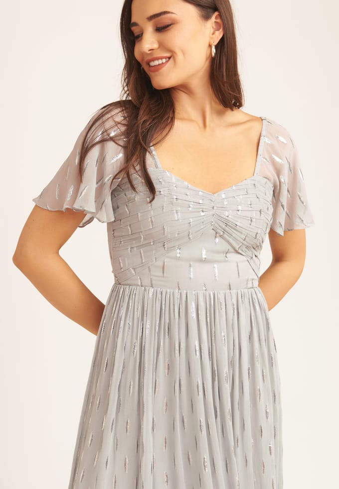 Jacquard metallic midi-jurk met engelmouwen