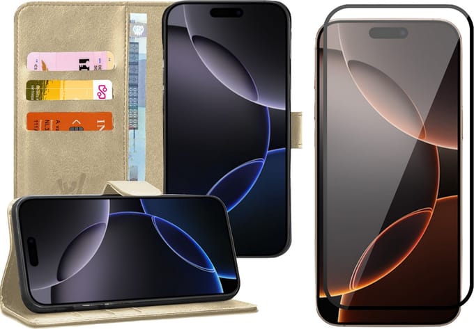 Hoesje geschikt voor iPhone 16 Plus - Screenprotector Volledig Dekkend Glas - Portemonnee Book Case Goud
