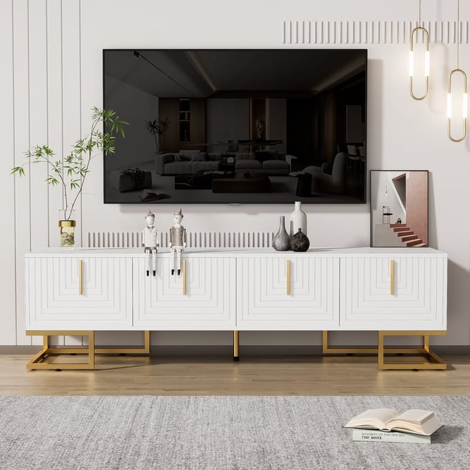 TV-Meubel - Lowboard Met Gestructureerde Deur - Gouden Grepen En Poten - Onbekend - Neutraal