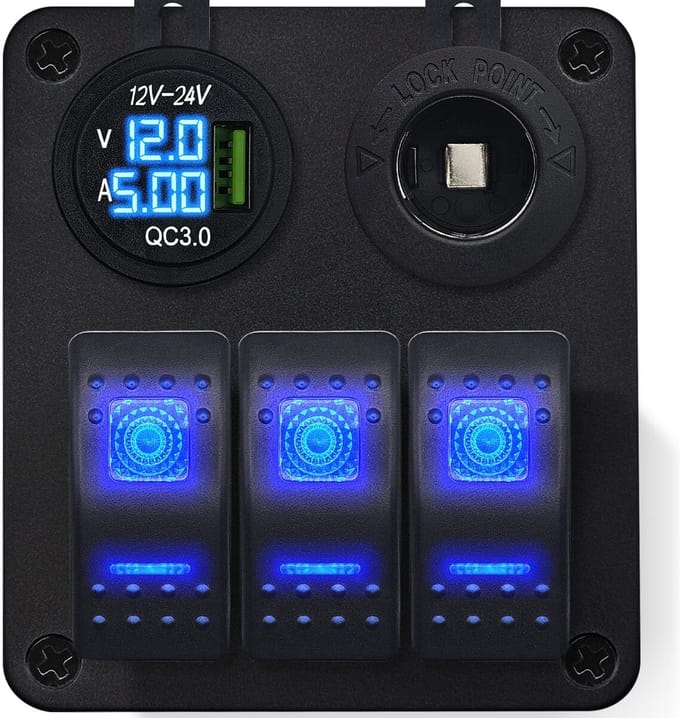 ProRide Schakelpaneel 12V voor Auto/Boot - USB Lader met Voltmeter/Ampèremeter - QC3.0 - 3 schakelaars