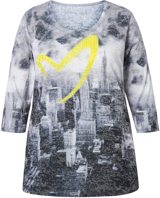 MIAMODA - Dames - T-shirt skyline print met hart 3/4-mouwen - Limoen - Maat 48