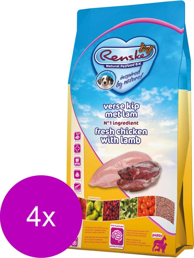 Renske Puppy Kip&Lam&Rijst - Hondenvoer - 4 x 2 kg