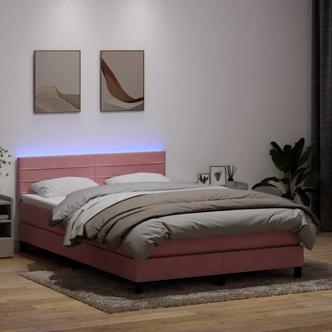 vidaXL - Boxspring - met - matras - en - LED - fluweel - roze - 160x210 - cm