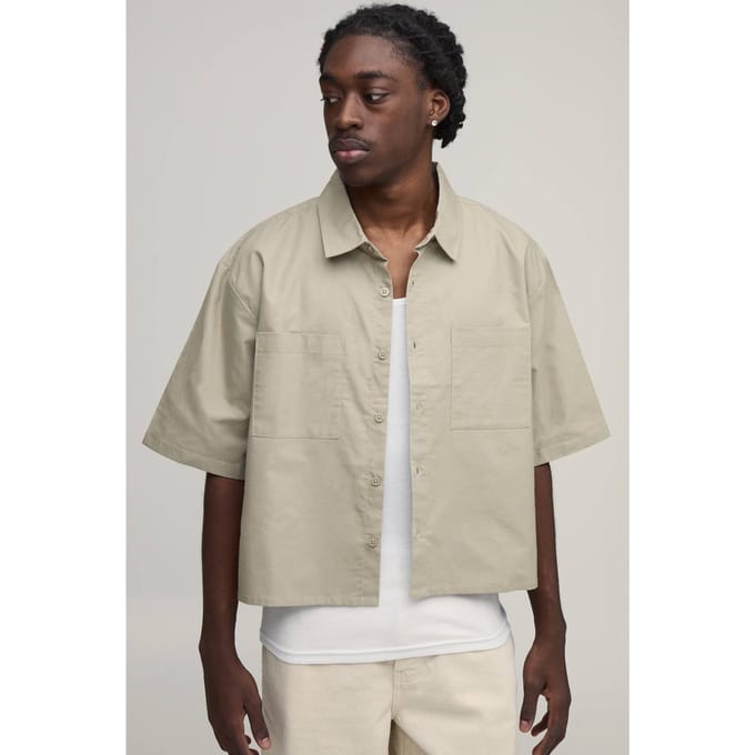 Oversized Crop Half Sleeve Oxford Shirt | Beige | Size Medium