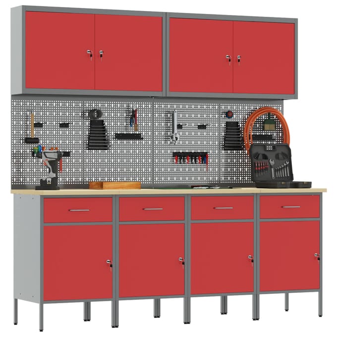 vidaXL - Werk - Cabinet - met - lade - 10 - st - Rood - Engineered - hout - en - staal