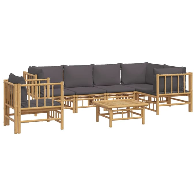 vidaXL - 7-delige - Loungeset - met - kussens - bamboe - donkergrijs