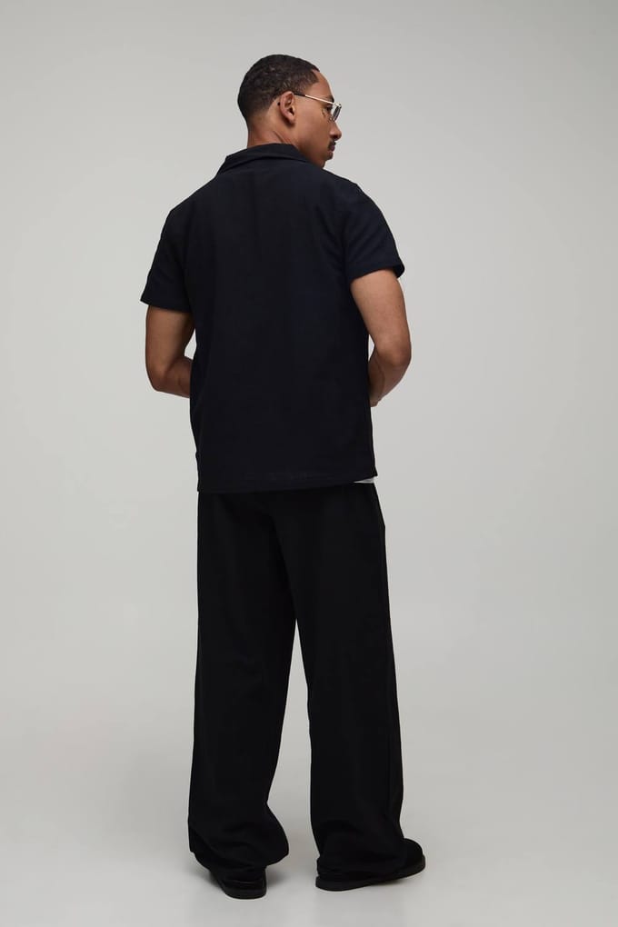 Textured Embroidered Regular Shirt & Wide Leg Trouser Set | Black | Size Medium