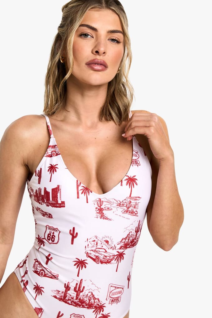 boohoo Dames Motel Print Badpak | Red | Maat: 6