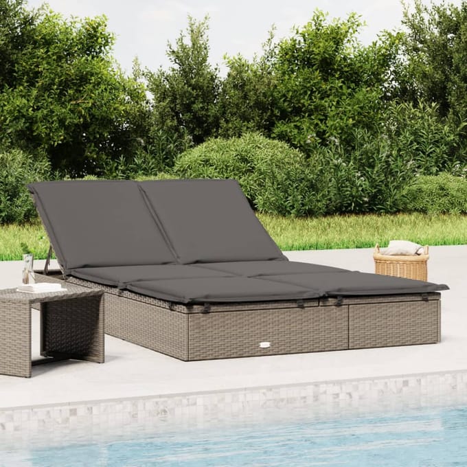 vidaXL - Ligbed - met - kussens - 2-persoons - poly - rattan - grijs