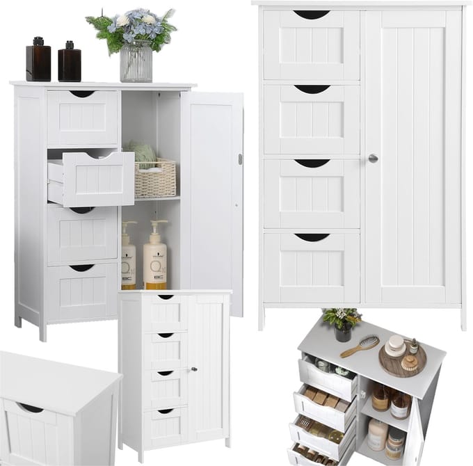 Songmics - Badkamer Kolomkast - 4 Schuifladen - Wit - MDF