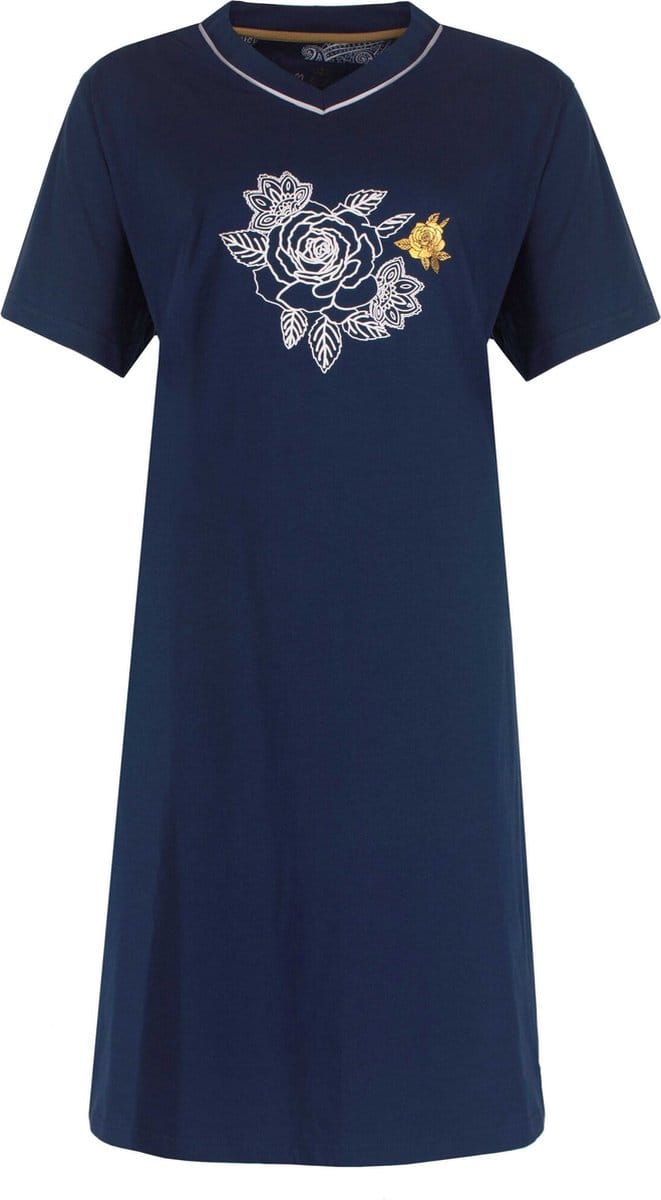 Medaillon Dames Nachthemd - 100% Katoen - Marine Blauw - Maat L
