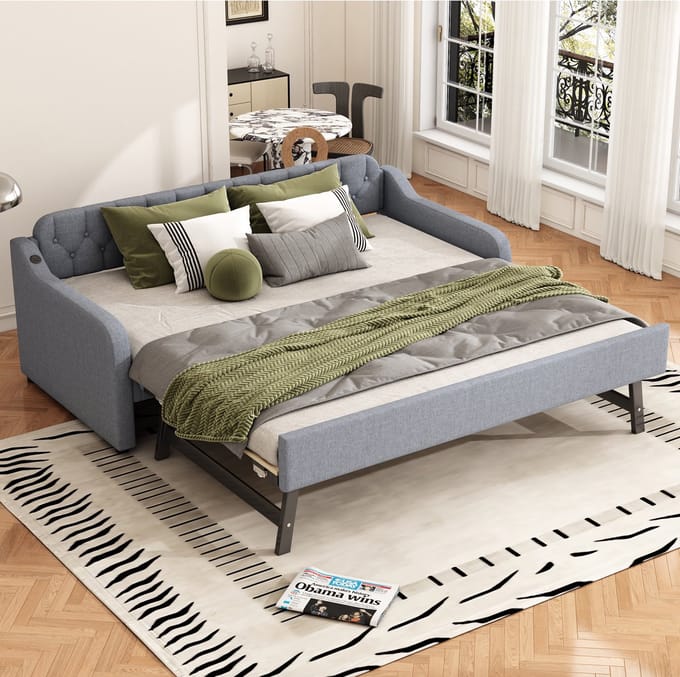 REDOM Slaapbank 90x200 cm – Uitklapbaar met rollbed & USB – Linnen/MDF – Grijs – Multifunctioneel