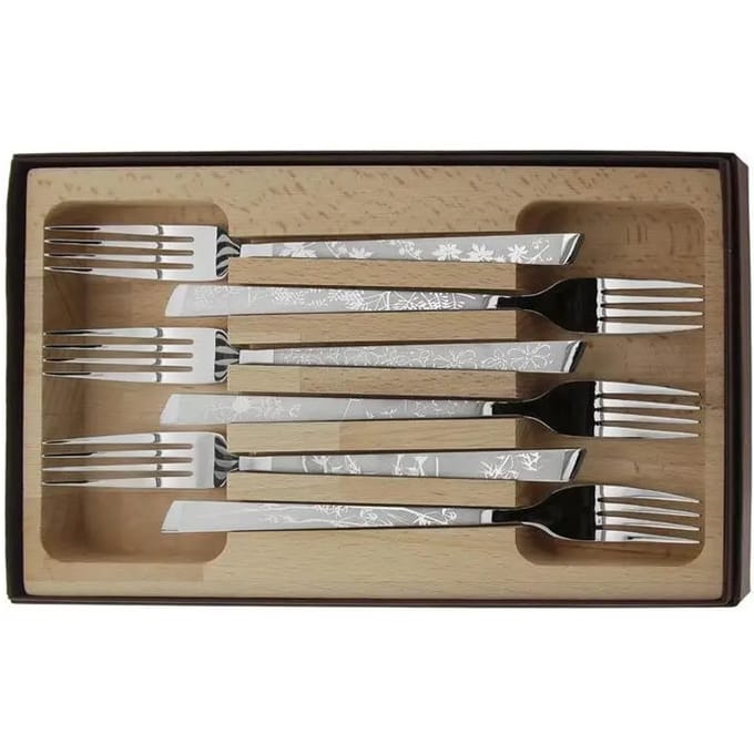 Set van 6 decor natura roestvrijstalen vorken Roger Orfèvre
