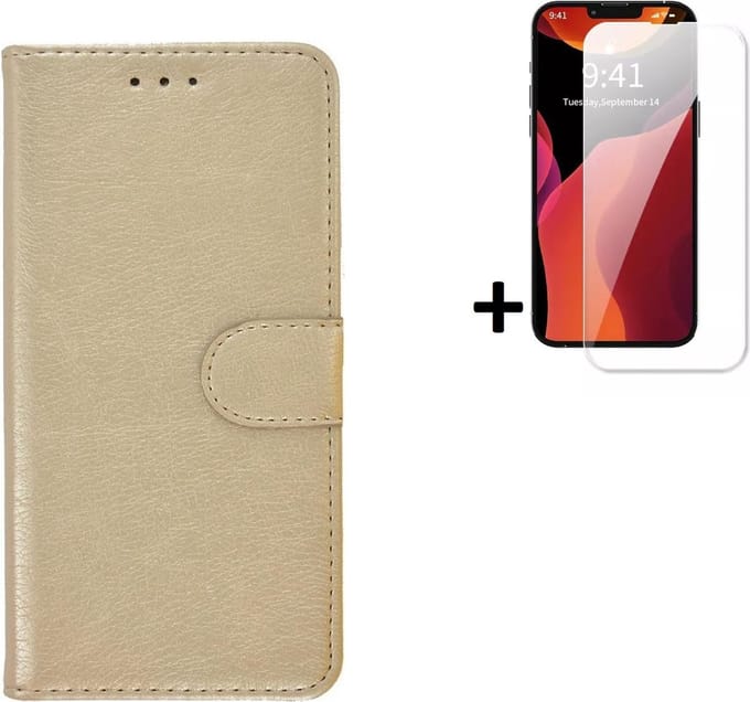 Geschikt voor iPhone 14 Plus Hoesje - Bookcase - iPhone 14 Plus Screenprotector - Pu Leder Wallet Book Case Goud Cover + Screenprotector