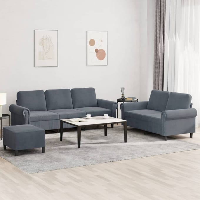 vidaXL - 3-delige - Loungeset - met - kussens - fluweel - donkergrijs