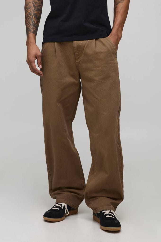 Relaxed Fit Half & Half Tailleband Gewassen Twill Broek | Tobacco | Size Medium