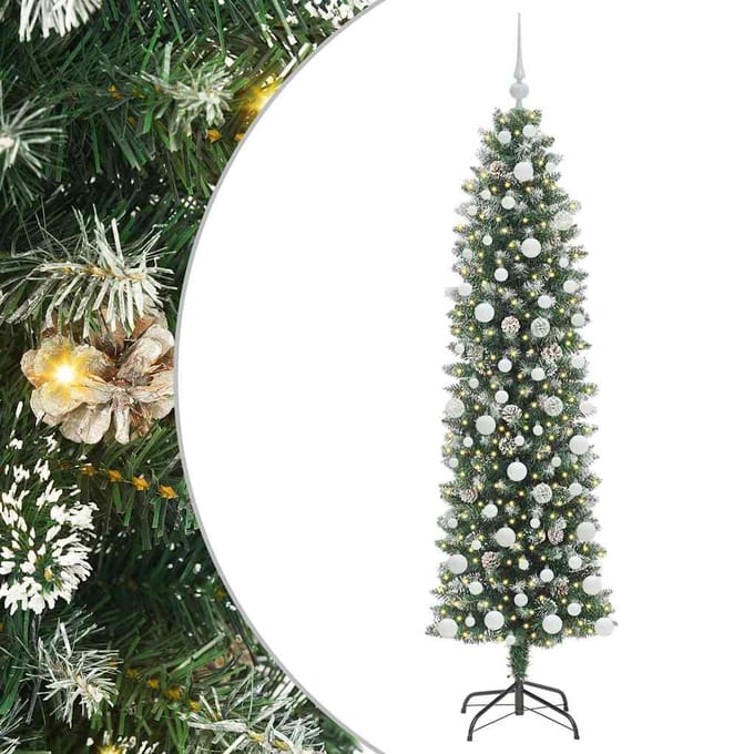 vidaXL Kunstmatige slanke kerstboom Groen en Wit 180 cm