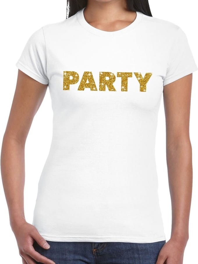 Party goud glitter tekst t-shirt wit voor dames XS