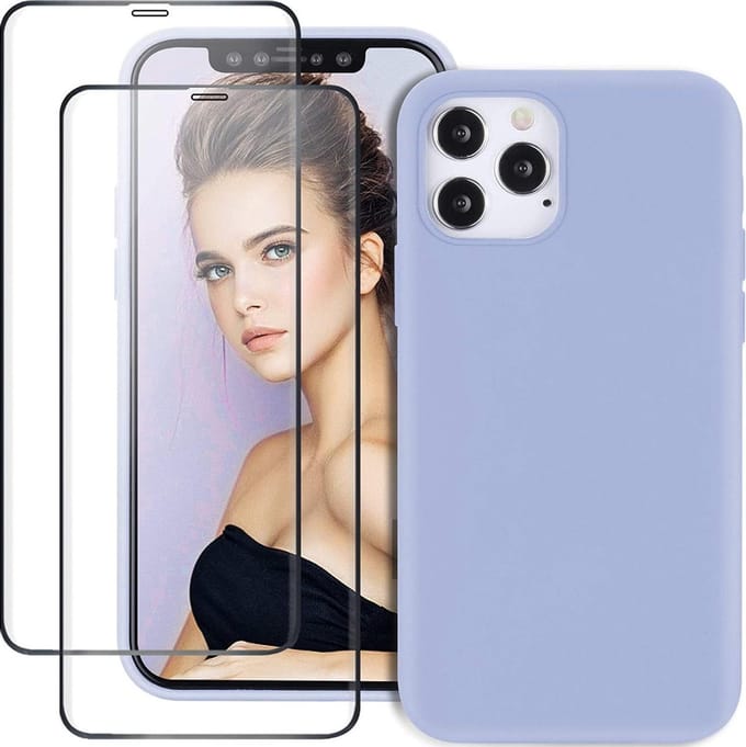 Backcover Hoesje Geschikt Voor: 12 Pro Max Liquid Silicone rubberen + 2X volledige Tempered screenprotector - Lila