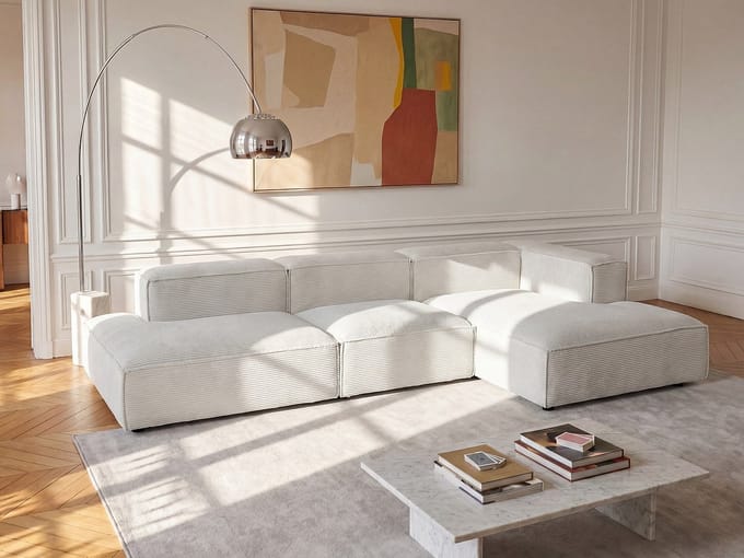 Vente-unique Modulaire open hoekbank rechts in beige ribfluweel RUZOLO