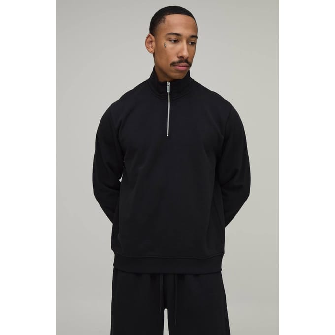 Regular Fit Premium 480gsm 1/4 Zip Funnel Neck Sweatshirt | Black | Size XL