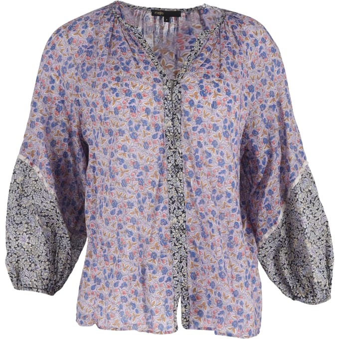 Maje Bleus Cisso Contrast Blouse in Multicolor Floral-Print Organic Cotton