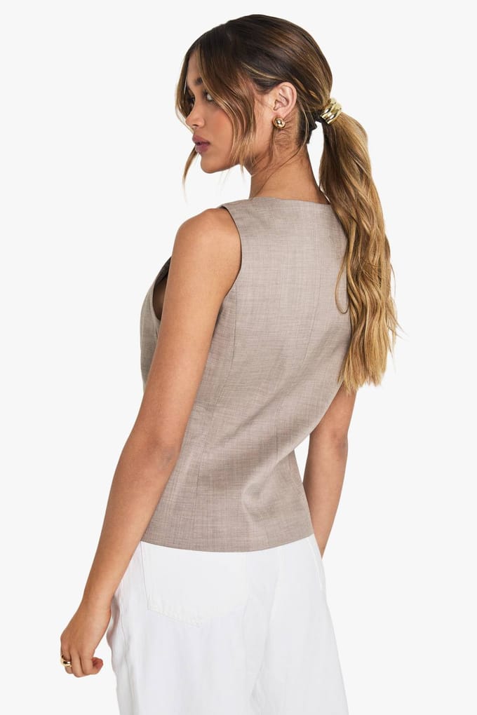 boohoo Dames Wooden Button Fitted Tailored Waistcoat | Paddestoel | Maat: 36