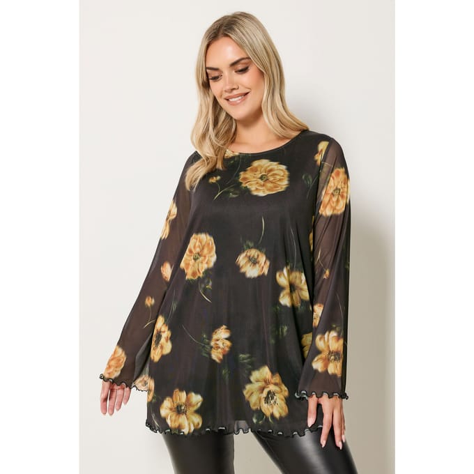 Yours Bruine Bloemen Mesh Swing Top Size 42