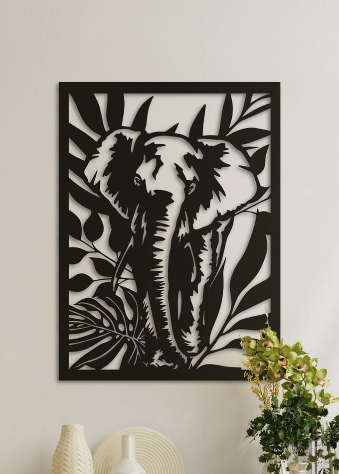 Wanddecoratie dieren | Olifant met bladeren - M (30x40cm)