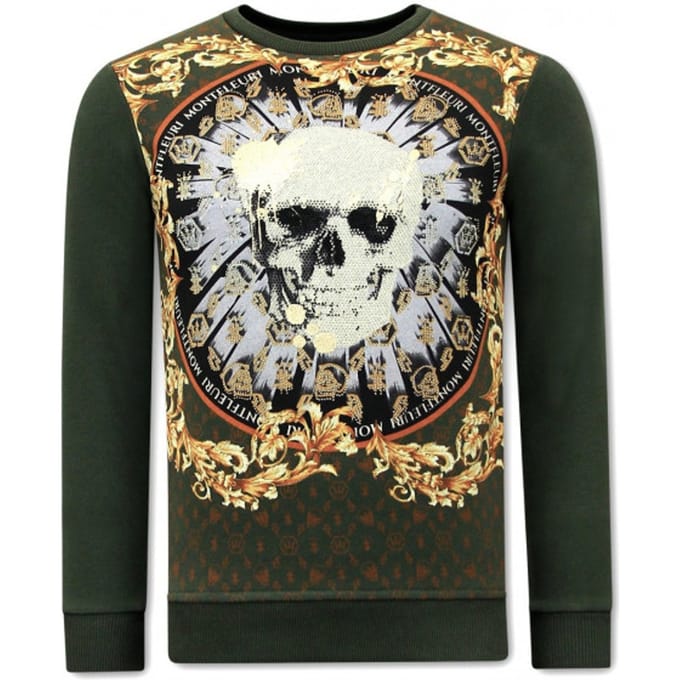 Heren Sweater met Print - Skull Strass - 3796 -Groen