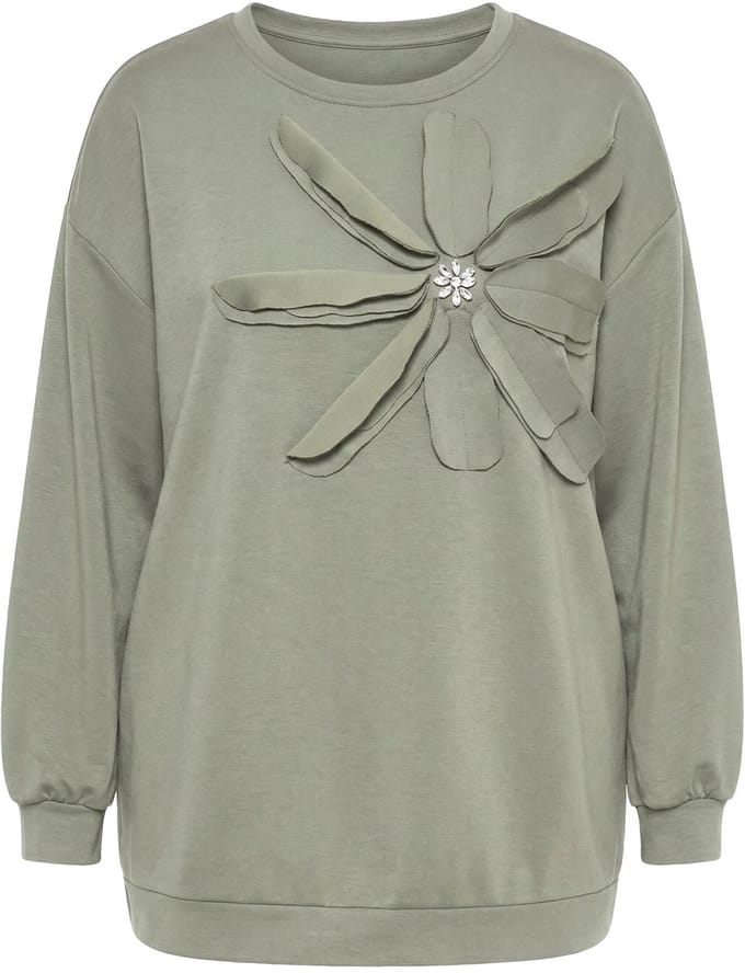 MIAMODA - Dames - Sweatshirt A-lijn versierde 3D-bloemen - Rietgroen - Maat 50