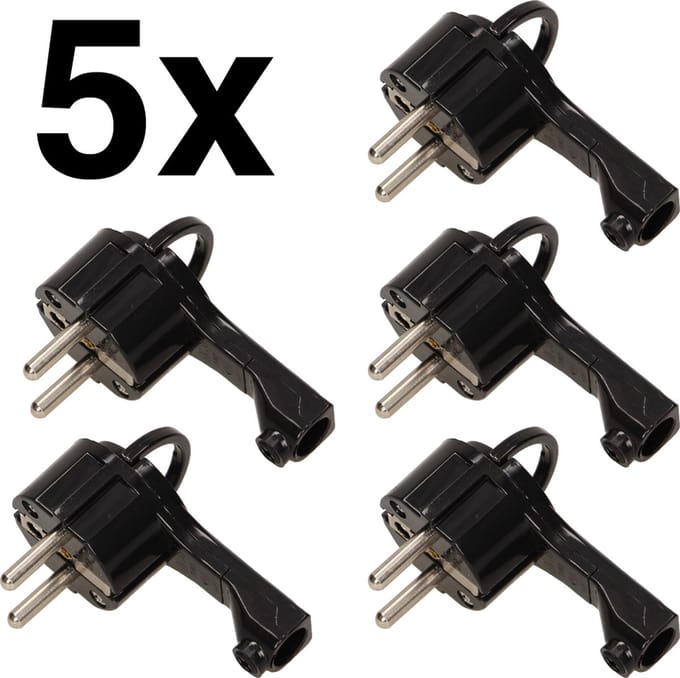 5 xPlatte compacte haakse stroomstekker - Voordeelverpakking - Zwart