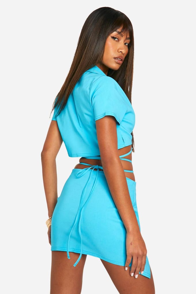 boohoo Dames Super Stretch Cropped Blazer met strik in de taille | Azuurblauw | Maat: 42