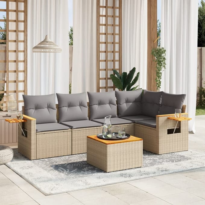 vidaXL - 6-delige - Loungeset - met - kussens - poly - rattan - beige