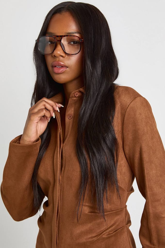 boohoo Dames Namaaksuede jurk met ingesnoerde taille en kraag | Tan | Maat: 8