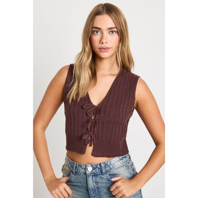 boohoo Dames Gebreide Gilet met Strikdetail | Chocolate | Maat: Medium