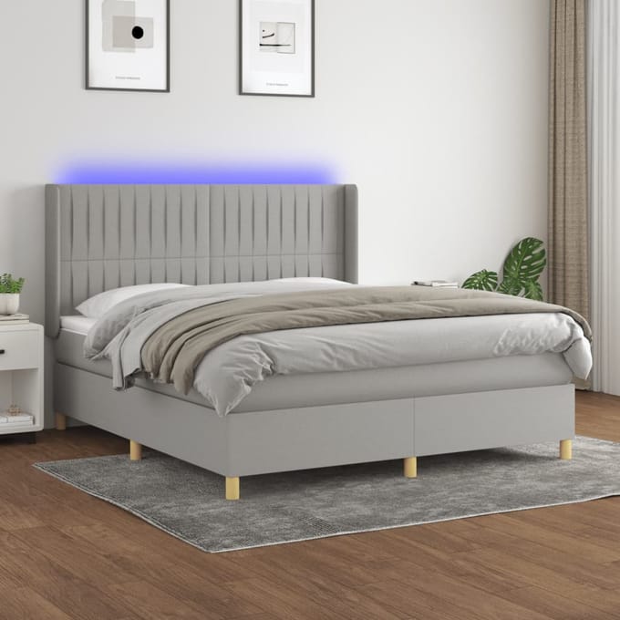 vidaXL - Boxspring - met - matras - en - LED - stof - lichtgrijs - 180x200 - cm