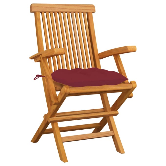 vidaXL - Klapstoelen - met - wijnrode - kussens, - 6 - stuks, - massief - teakhout