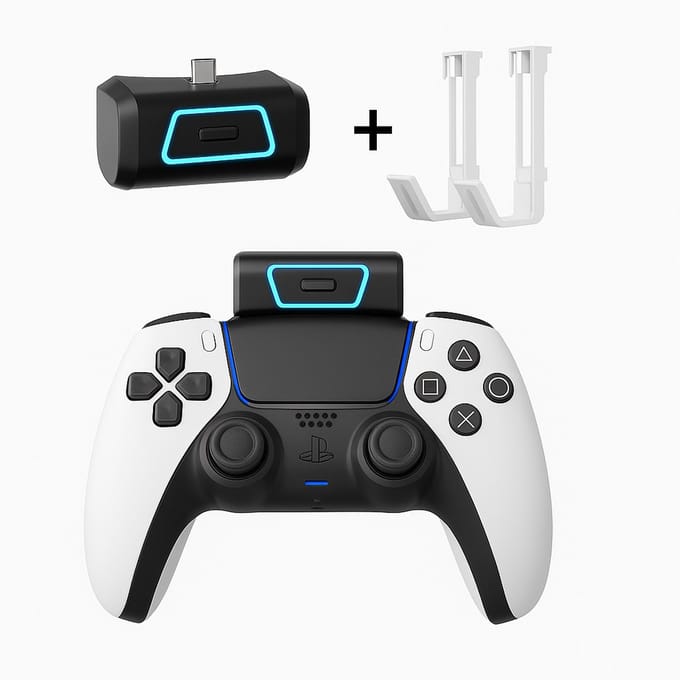 PS5 Controller Powerbank 2000mAh – draadloze oplader - Voor DualSense & DualSense Edge – Met 2 Ophanghaken voor controller en headset