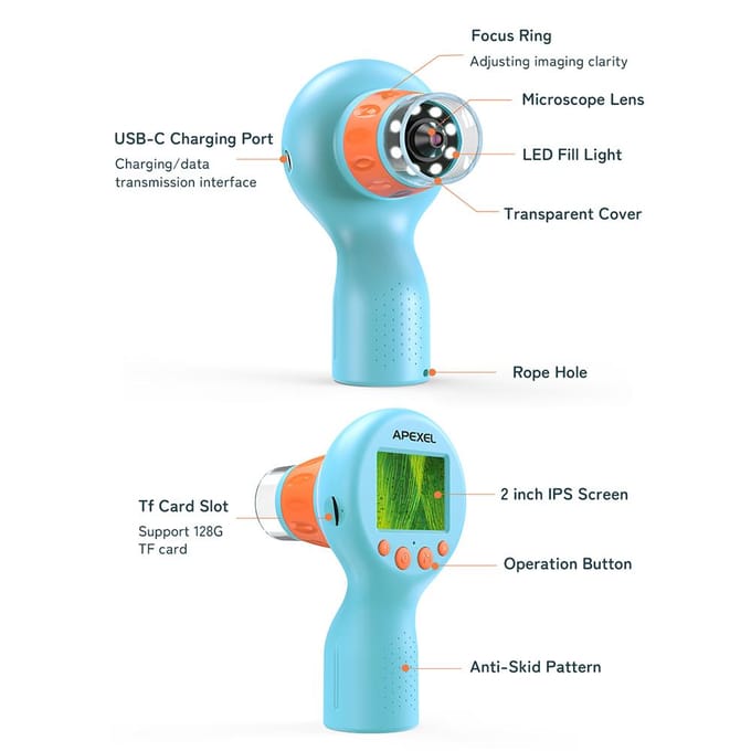 APEXEL APL-MS201 Handheld Digitale Microscoop voor Kinderen met Camera 2MP Foto 720P Video 2.0 Inch IPS blauw