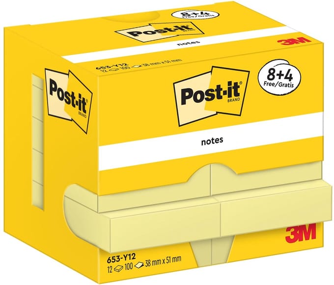 Post-It Notes | 100 vel | ft 38 x 51 mm | geel | 8 + 4 GRATIS