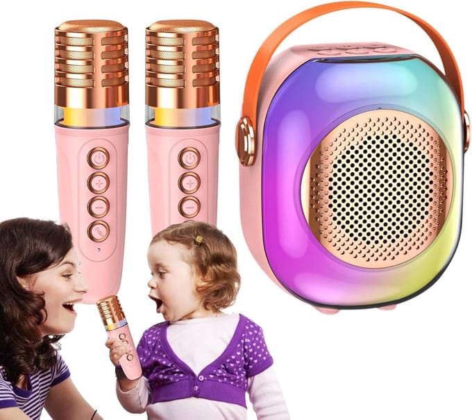 Draagbare karaoke-machine voor kinderen, met microfoons, draagbare karaoke-machine voor kinderen, met 2 microfoons, grappige zangmachine, karaoke-luidspreker voor thuis, bas（Roze）