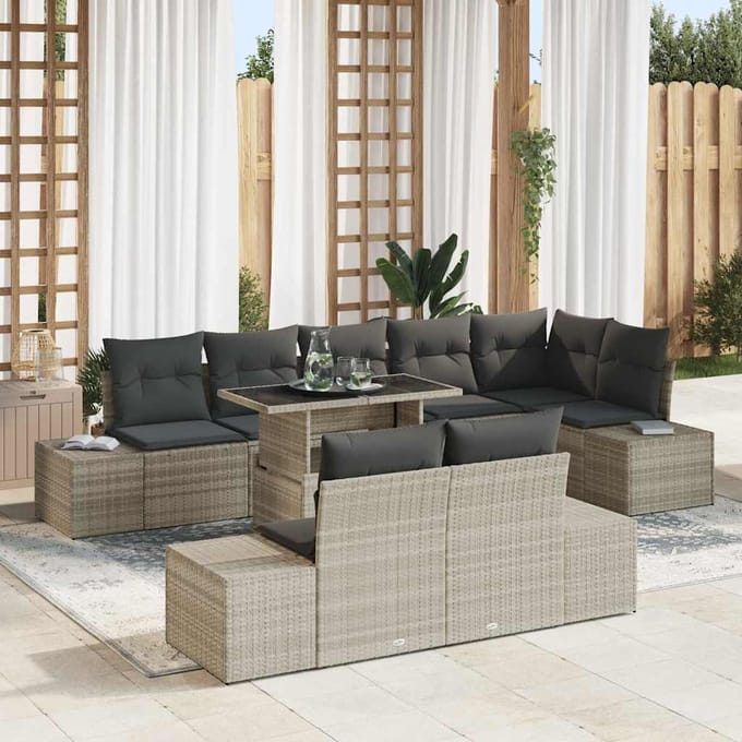 vidaXL - Tuinbank - Set - 9 - st - Lichtgrijs - poly - rattan