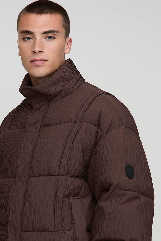 Boxy Fit Textured Pintuck Funnel Neck Puffer Jacket | Chocolate | Size Medium