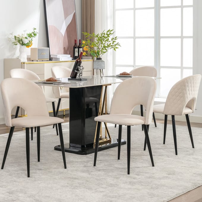 MODFU - Eetkamerstoel - Met Rugleuning En Verstelbare Poten - Modern - Fluweel En Metaal - Beige