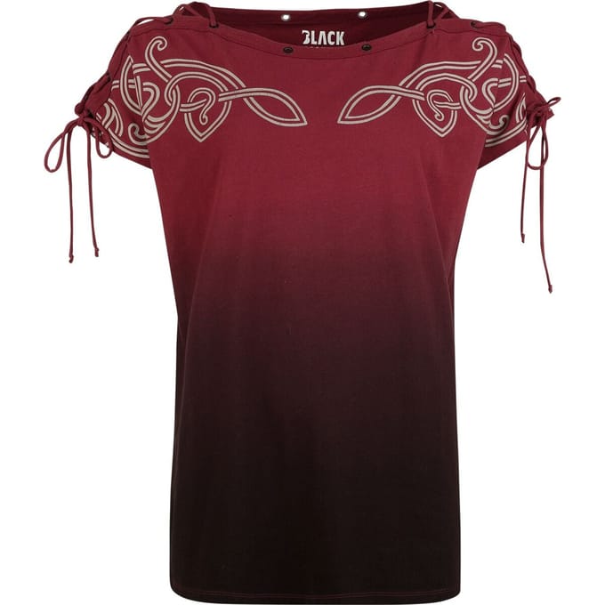 Black Premium by EMP Rood T-shirt met dip dye/verloopprint en bedrukte mouwen met vetersluiting - Dames - M