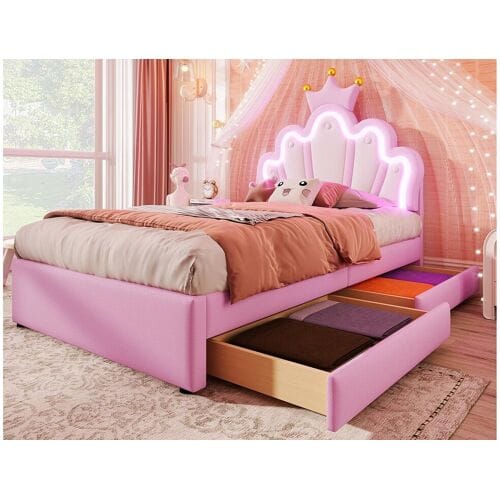 ModernLuxe Gestoffeerd kinderbed 90x200 cm - met LED en 2 lades - Roze