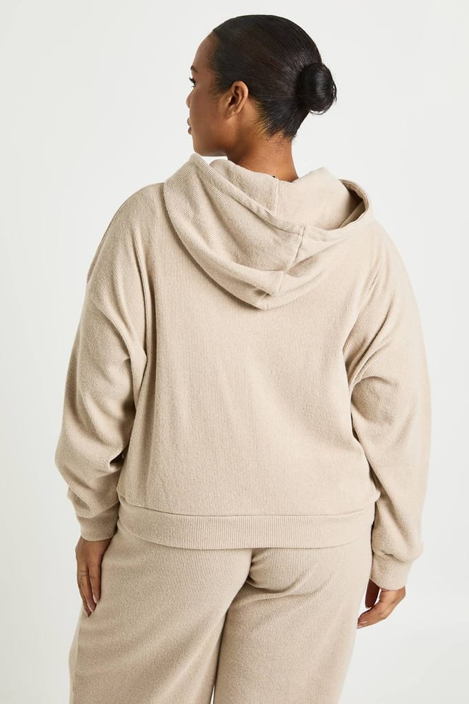 boohoo Dames Plus Gebreide Rib Hoodie met Ritssluiting | Steen | Maat: 44